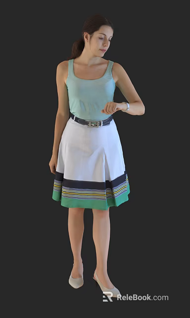 Stylish Woman in Light Green Top White Skirt with Colorful Stripes Belt and Watch 3d model 