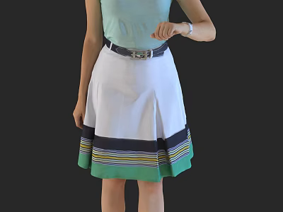 Stylish Woman in Light Green Top White Skirt with Colorful Stripes Belt and Watch 3d model
