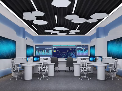 Modern Monitoring Room With Multiple Screens Control Desks Blue Lighting And Data Charts 3d model