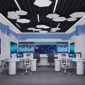 Modern Monitoring Room With Multiple Screens Control Desks Blue Lighting And Data Charts
