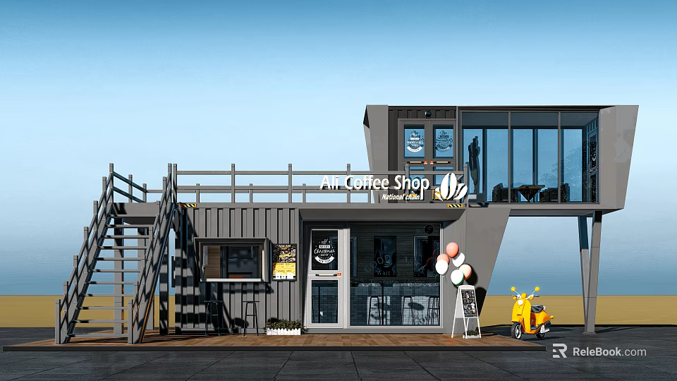 Modern Shipping Container Coffee Shop With Staircase And Outdoor Seating Area 3d model 