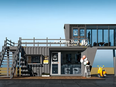 Modern Shipping Container Coffee Shop With Staircase And Outdoor Seating Area 3d model
