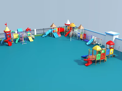 Colorful Playground Equipment With Slides Climbing Frames Swings And Blue Flooring 3d model