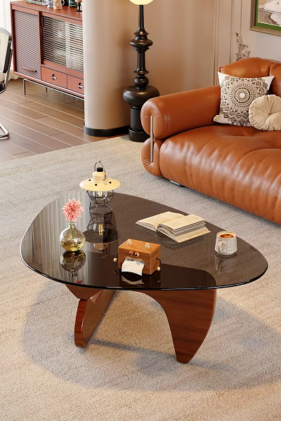 Black Glass Coffee Table With Wooden Legs Vase Pink Flower Vintage Camera Open Book 3d model