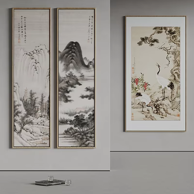 Traditional Chinese Landscape Paintings With Mountains And Rivers On Wall 3d model