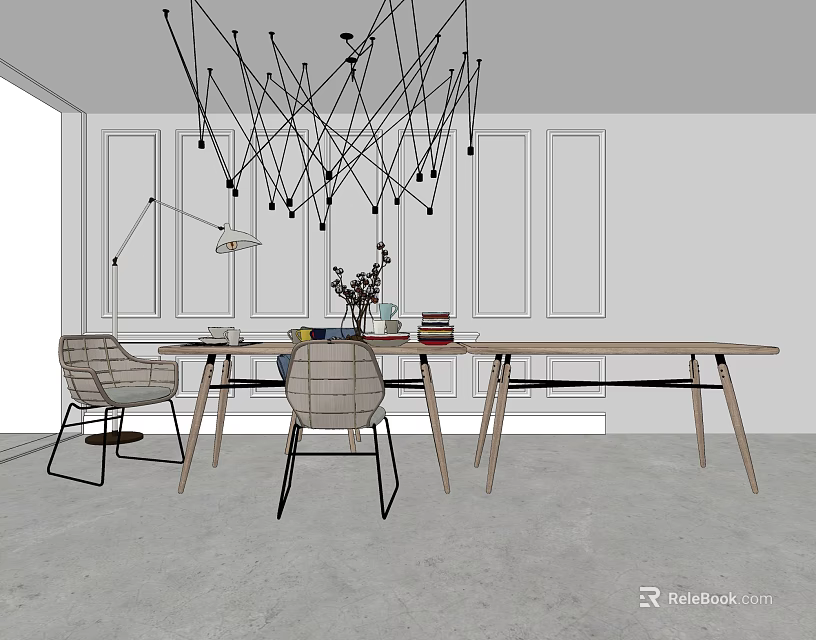 Modern Dining Table Set With Chairs Geometric Chandelier And Decorative Items 3d model