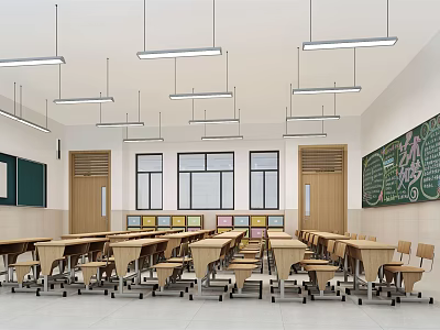 School Classroom Interior With Desks Chairs Blackboard Windows And Lighting 3d model