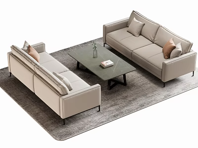 Modern Minimalist Beige Sofa and Coffee Table Set with Vase and Book on Wooden Tabletop 3d model