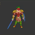 Muscular Man in Gold and Red Armor Holding Spear and Shield