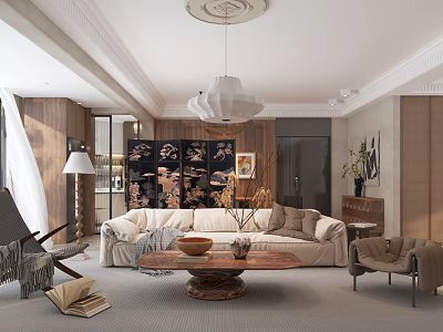 Cozy Living And Dining Room Interior Featuring Beige Sofa Wooden Coffee Table Decorative Paintings Chandelier 3d model