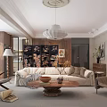 Cozy Living And Dining Room Interior Featuring Beige Sofa Wooden Coffee Table Decorative Paintings Chandelier