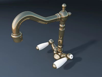Golden Brass Vintage Faucet Decorative Design With Curved Spout And White Knobs 3d model