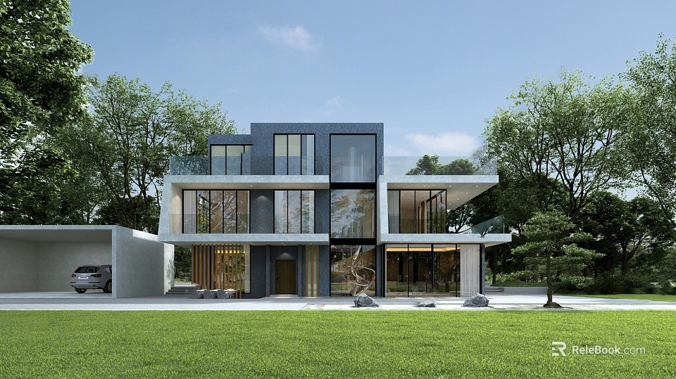 Modern Detached Villa Exterior Design With Large Glass Windows Surrounded by Green Trees and Lawn 3d model 