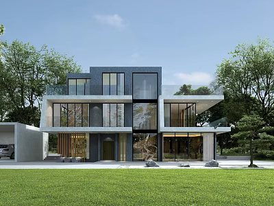 Modern Detached Villa Exterior Design With Large Glass Windows Surrounded by Green Trees and Lawn 3d model