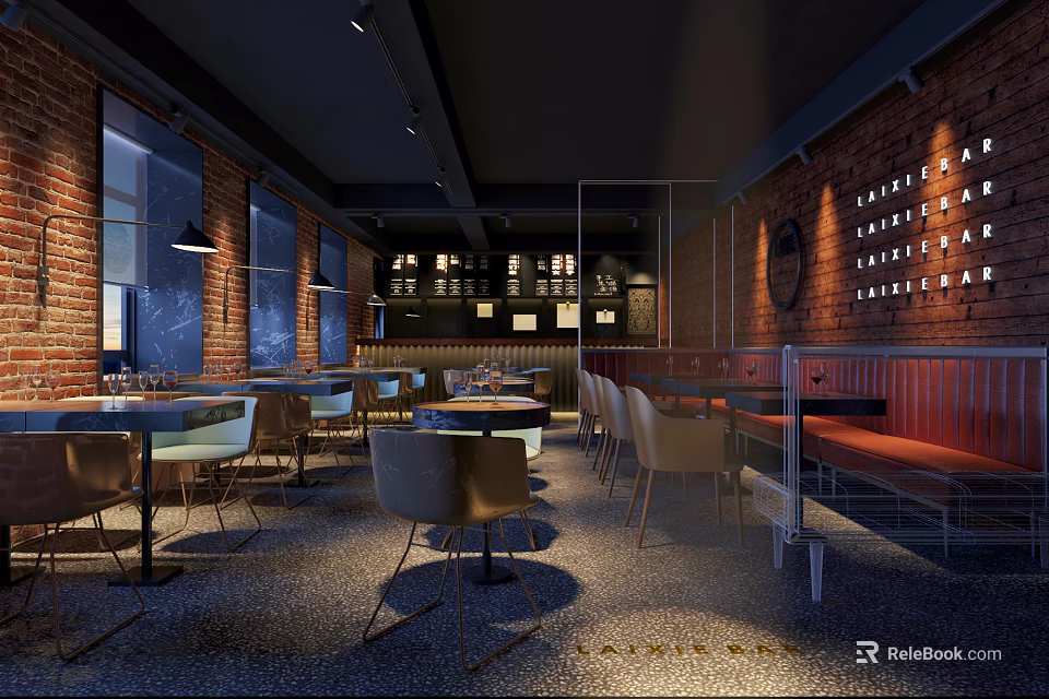 Modern Bar Interior Design With Brick Wall Warm Lighting Tables Chairs And Large Windows 3d model