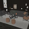 Modern Leather Sofa and Coffee Table Set With Ottoman Decorative Painting and Warm Lighting