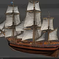 Detailed Wooden Ship Model With Multiple White Sails Brown Hull And Swedish Flag