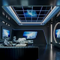 Futuristic KTV Interior With High Tech Lighting Screens And Sofa