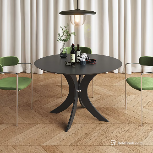 Modern Round Black Dining Table Set with Green Chairs Decorative Vase and Wooden Herringbone Floor 3d model 