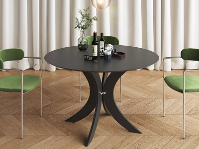 Modern Round Black Dining Table Set with Green Chairs Decorative Vase and Wooden Herringbone Floor 3d model