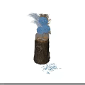 Blue Hydrangea and Pampas Grass in Striped Glass Vase with Wooden Base on Tree Stump
