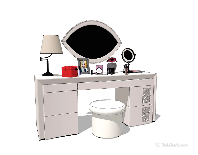 Modern Dressing Table with Oval Mirror Table Lamp Decorative Items and Stool 3d model