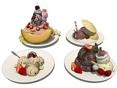 Delicious Assorted Ice Cream Desserts with Fresh Strawberries Cherries and Melon Toppings 3d model