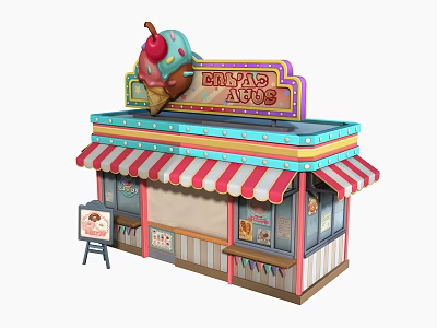 Cartoon Ice Cream Shop With Drinks Tacos Sign Giant Cone Striped Awning And Menu Board 3d model