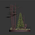 Miniature Forest Scene With Red Trunk Trees Green Pine And Red Green Ground Cover