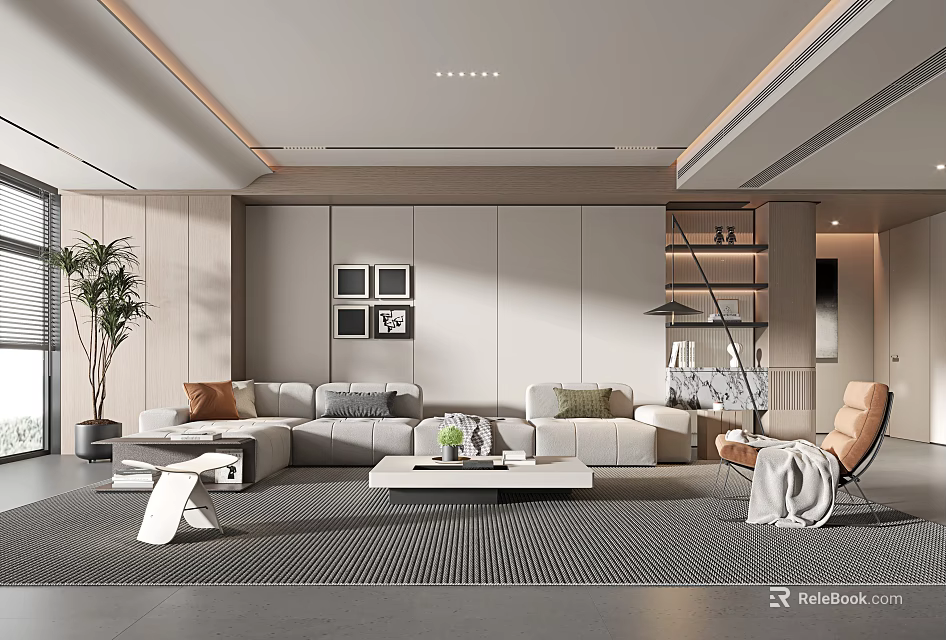 Modern Living Room Interior With Gray Sofa White Coffee Table Potted Plant And Decorative Paintings 3d model 