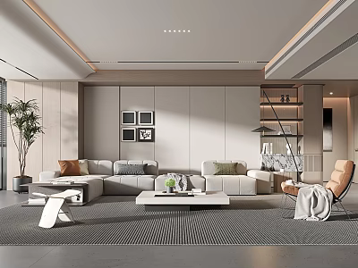 Modern Living Room Interior With Gray Sofa White Coffee Table Potted Plant And Decorative Paintings 3d model