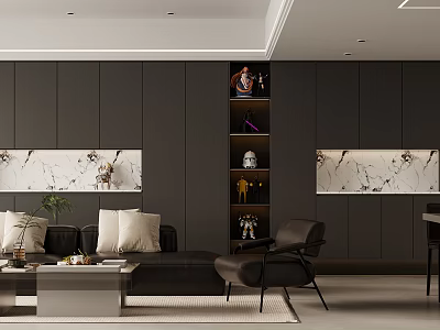 Elegant Modern Living Dining Area Interior With Dark Walls Marble Accents Sofa And Display Shelf 3d model