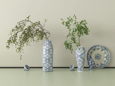 Decorative Blue and White Ceramic Vases with Green Plants Plate and Small Ornaments 3d model