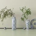 Decorative Blue and White Ceramic Vases with Green Plants Plate and Small Ornaments
