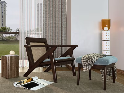 Wooden Leisure Chair With Woven Backrest Blue Cushion Ottoman Patterned Blanket And Floor Lamp 3d model