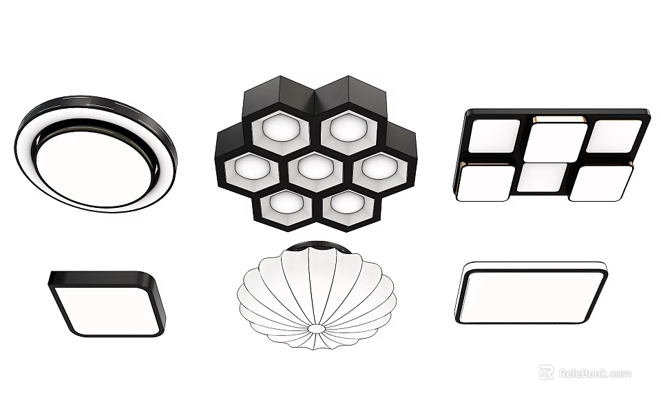 Various Modern Ceiling Lights Featuring Circular Hexagonal Square And Scalloped Designs 3d model