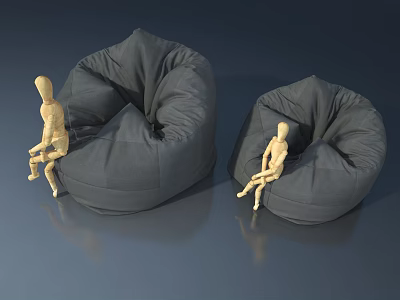 Two Gray Bean Bags With Small Sitting Human Figures On Dark Surface 3d model