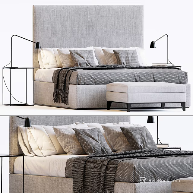Modern Gray Upholstered Double Bed With Pillows Ottoman And Floor Lamps 3d model 