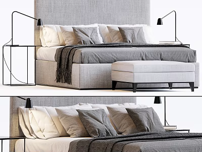 Modern Gray Upholstered Double Bed With Pillows Ottoman And Floor Lamps 3d model