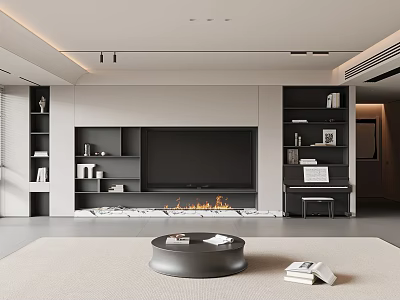 Modern Minimalist Living Room With Fireplace TV Wall Shelves And Round Coffee Table 3d model