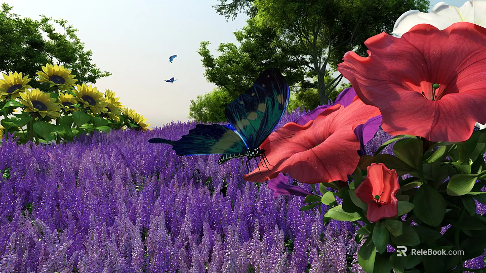 Beautiful Park Landscape With Purple Flower Field Red Flowers Butterfly Green Trees And Flying Birds 3d model 
