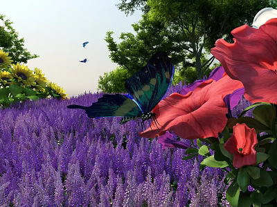Beautiful Park Landscape With Purple Flower Field Red Flowers Butterfly Green Trees And Flying Birds 3d model