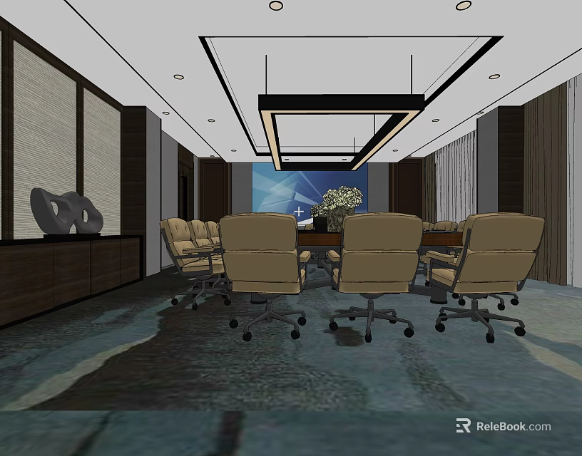 Modern Conference Room Interior With Large Table Leather Chairs And Chandelier 3d model 
