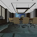 Modern Conference Room Interior With Large Table Leather Chairs And Chandelier