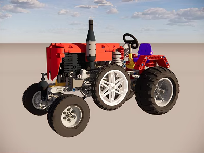 Red Functional Utility Vehicle With Large Tires Black Chimney And Blue Seat 3d model