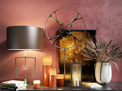 Decorative Ornament Set With Table Lamp Circular Frame Candles Vase Books On Pink Wall 3d model