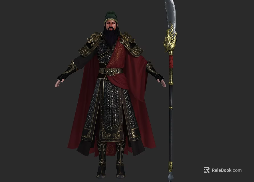 A Man In Ancient Ornate Warrior Armor With Red Cape Holding Long Sword 3d model