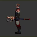 Game Movie Character Wearing Red Black Outfit With Goggles Arm Guards And Holding Device