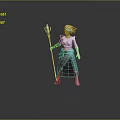 Fantasy Game Character With Golden Hair Holding Blue Glowing Staff And Green Gray Outfit