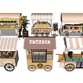 Multiple Mobile Food Carts With Striped Canopies Display Shelves And Wheels 3d model